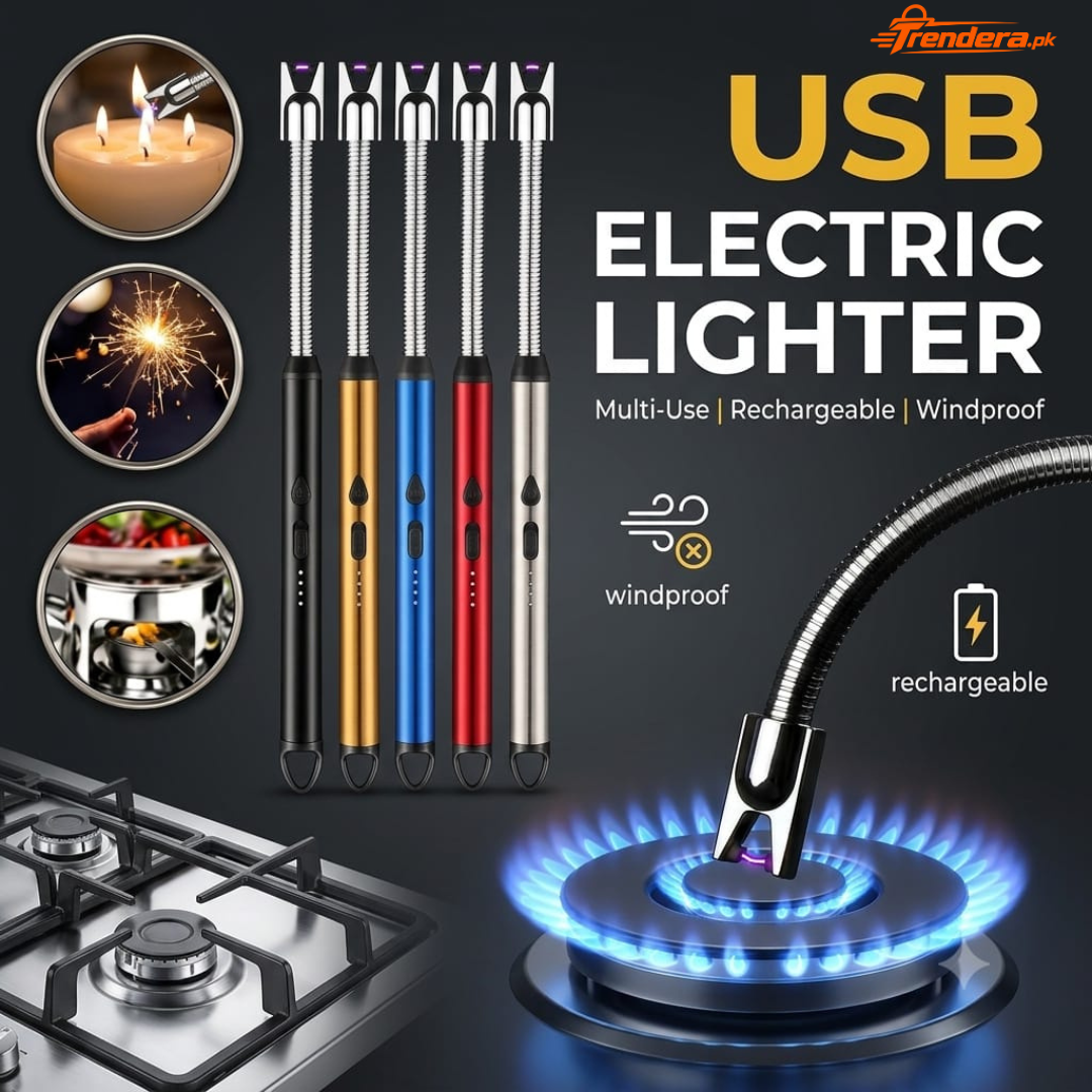 USB electric lighter set shown on a dark promotional background, with four slim lighter bodies in black, gold, blue, and silver, plus circular inset photos demonstrating use, spark, and flame ignition. Large text reads 'USB ELECTRIC LIGHTER' and features the Frendera brand mark.